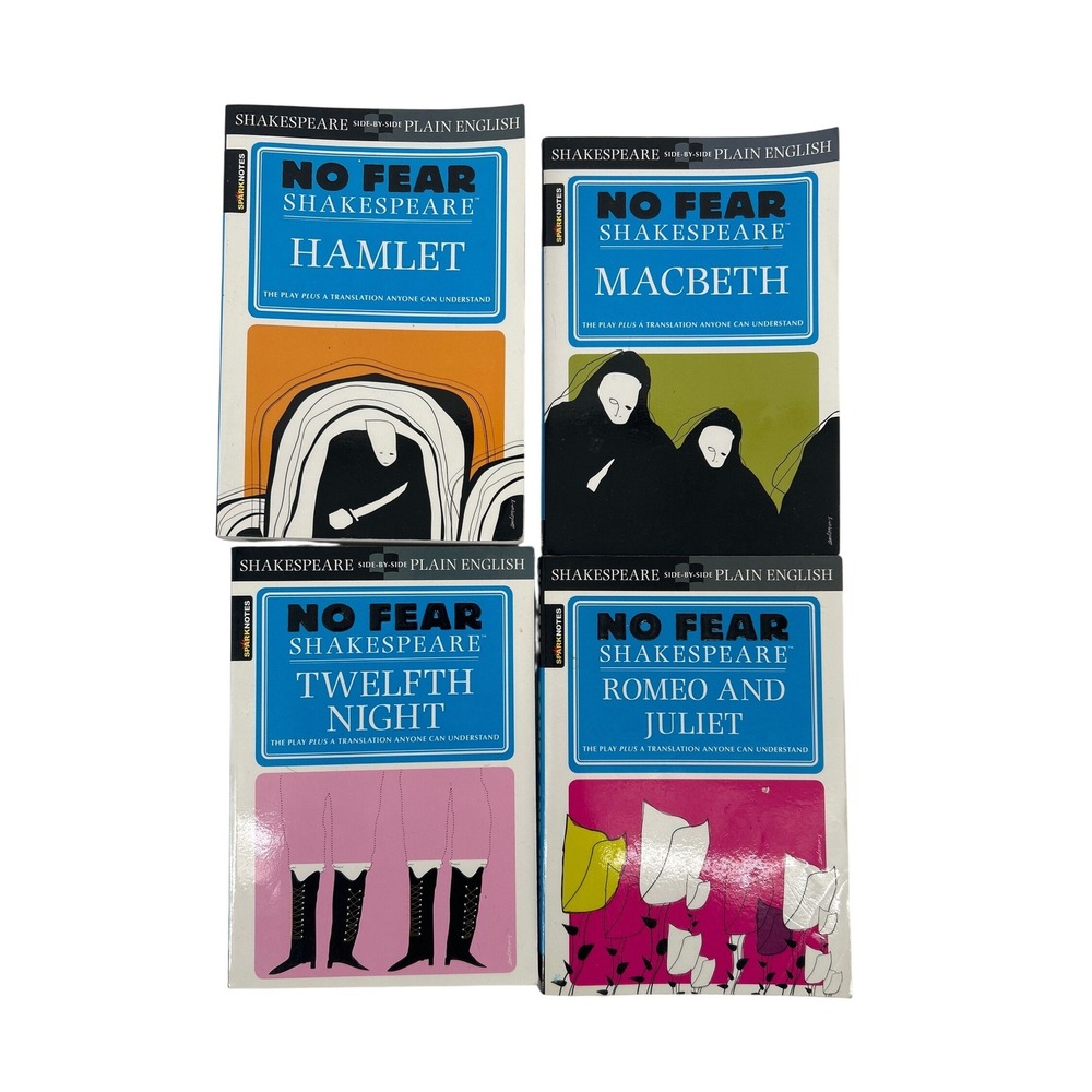 SparkNote No Fear Shakespeare Lot of 4 Hamlet Macbeth Twelfth Night Romeo Juliet